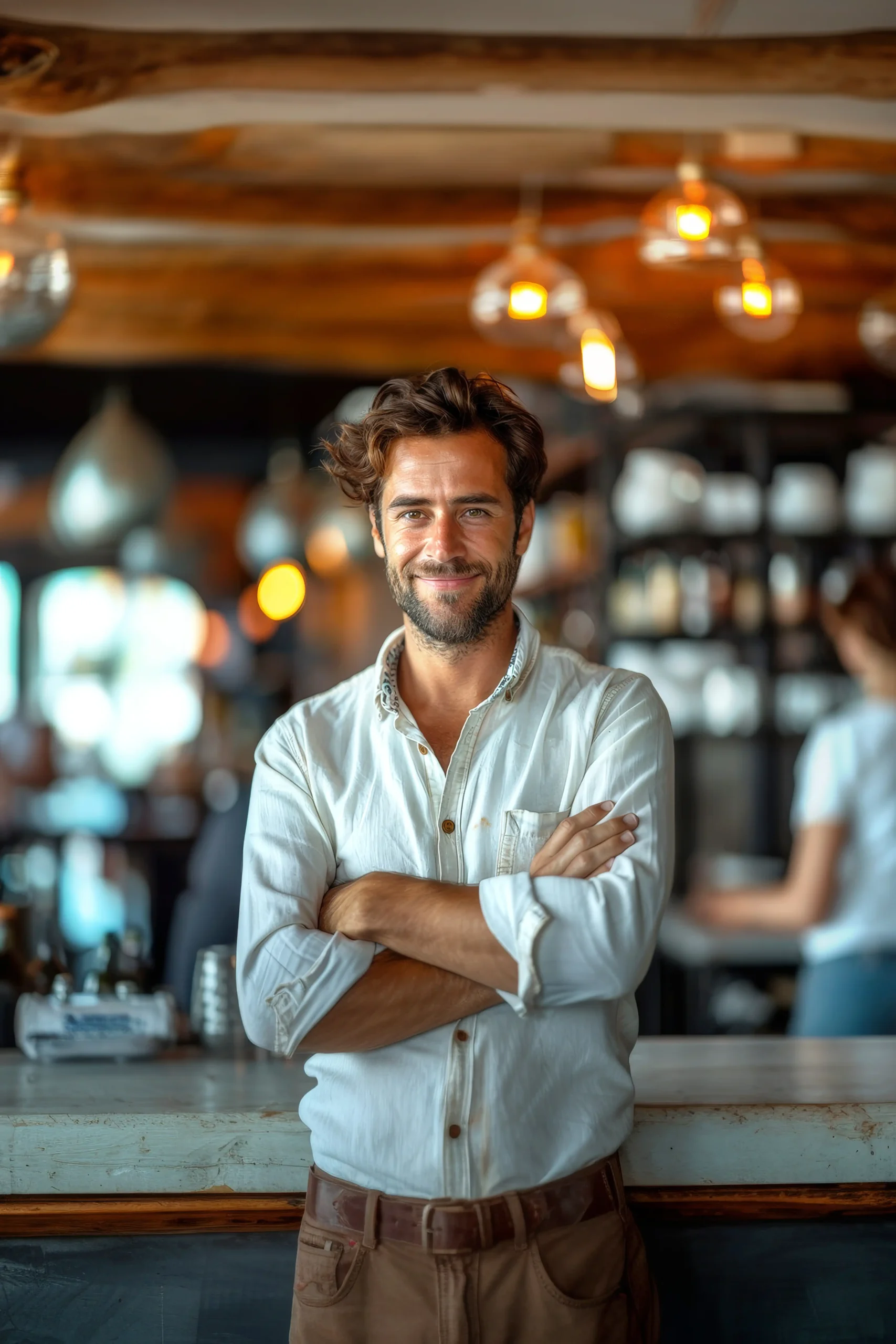 Lächelnder Gastronom an der Bar als Voozaa Standort-Partner für Powerbank-Leihstationen.